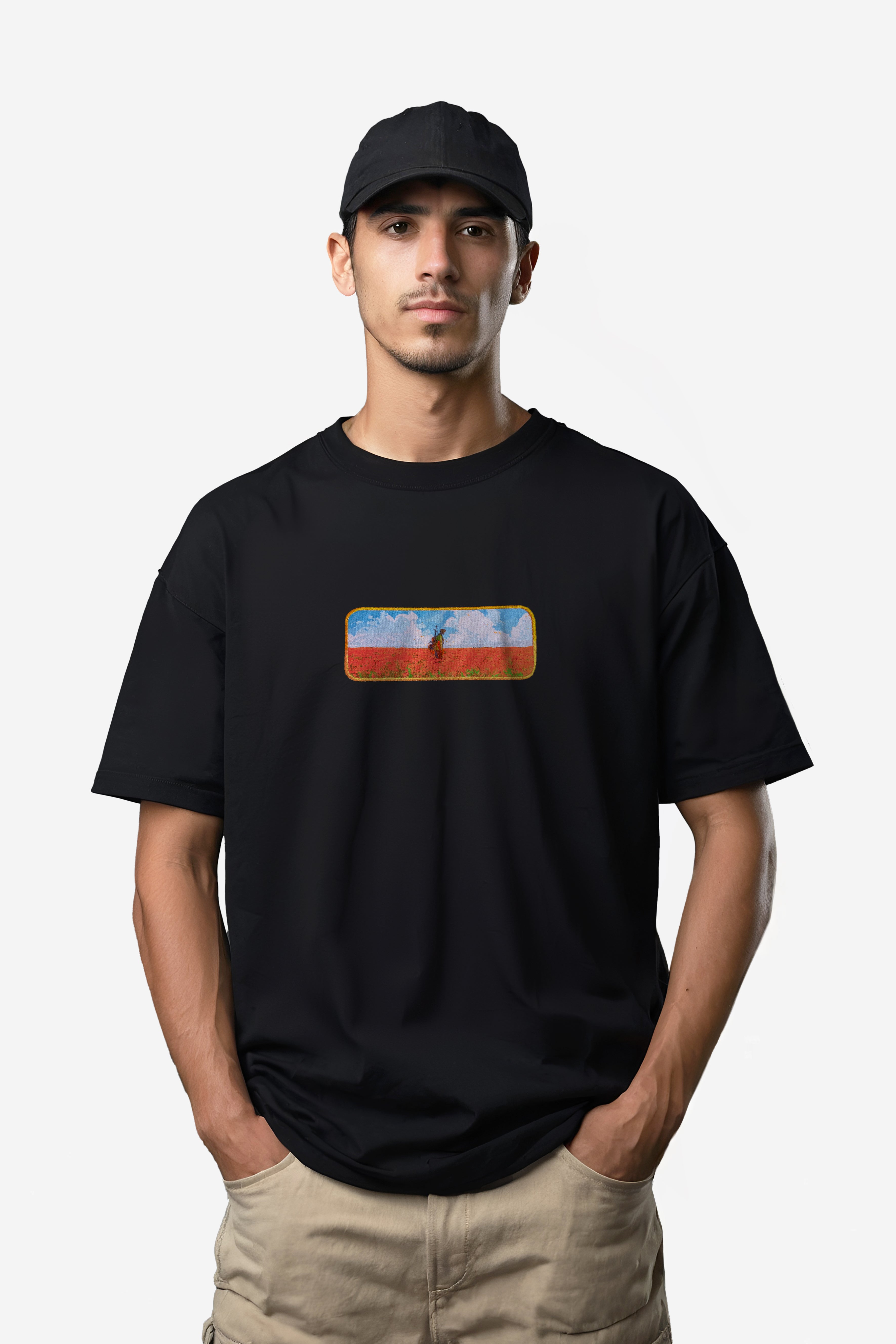 Ağır Kumaş Kenar Nakışlı Traveler Man Oversize T-shirt